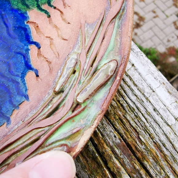 Red Clay Art Pottery Plate with Water Scene and Cat Tails / Bulrush - Picture 12 of 16